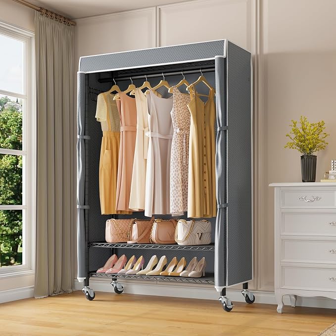 VIPEK R3C Rolling Clothes Rack with Cover Portable Closet Heavy Duty | Lockable Wheels, Adjustable Wire Shelving Heavy Duty, Metal Side Hooks, Polyester Cover, 374lbs Space-Saving for Home