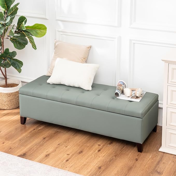 Ottoman with Storage, 51 Inch End of Bed Storage Bench, Faux Leather Upholstered Ottomans with Hinged Lid, Rectangle Long Foot Rest Bench for Entryway Living Room Bedroom Light Green