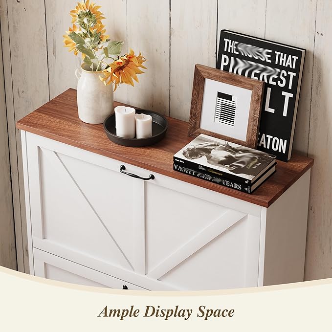 Semiocthome Farmhouse Shoe Storage Cabinet with 2 Flip Drawers, 31.5"(W) Freestanding Shoe Organizer with Barn Door and Metal Handles for Entryway, Rustic Narrow Slim Shoe Rack Cabinet - White