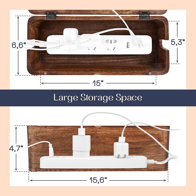 Mango Cable Management Box - Rustic Design (Natural, Large) | Mango Wood, Cable Organizer, Rustic Style, Modern Design, Desktop Storage
