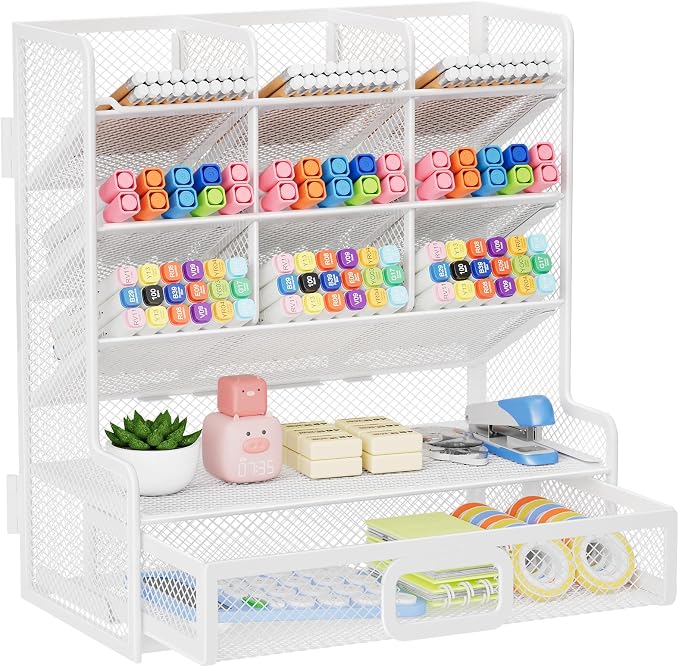 Marbrasse Larger Mesh Desk Organizer with Drawer, Multi-Functional Pen Pencil Holder, Easy Assembly, Desk Organizers and Accessories for Office Art Supplies (White) | Multi-Functional Pen Pencil Holder, Easy Assembly, For Office Art Supplies