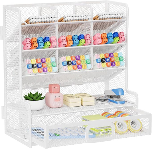 Marbrasse Larger Mesh Desk Organizer with Drawer, Multi-Functional Pen Pencil Holder, Easy Assembly, Desk Organizers and Accessories for Office Art Supplies (White) | Multi-Functional Pen Pencil Holder, Easy Assembly, For Office Art Supplies
