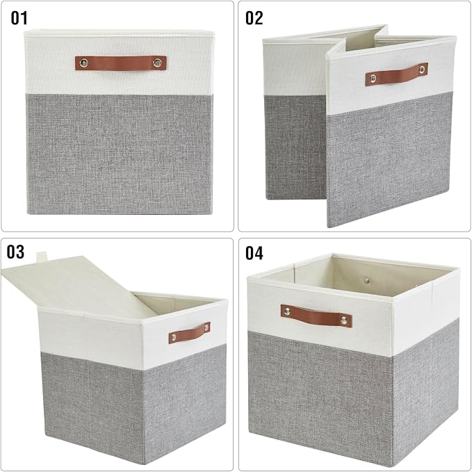 Bagnizer 13x15x13 Storage Cube Bins, Foldable Storage Organizer Baskets, Fabric Cube Storage Boxes with 2 Reinforced PU Handles for Kallax, Shelves, Living Room | 4 Pack, Gray & White