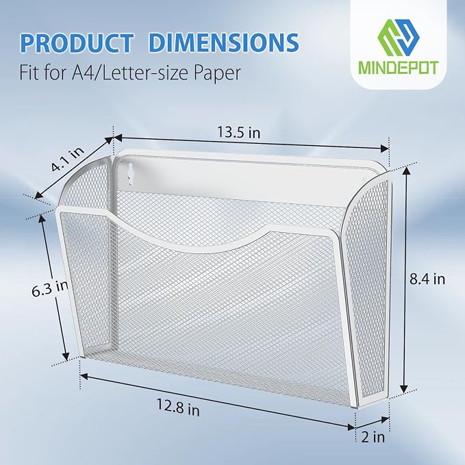 MINDEPOT Wall File Organizer, Hanging Wall File Holder, 3 Pack, Silver | Heavy Duty Iron, Metal Mesh Wall Mount, Single Pocket, Mail Organizer, for Office School Classroom Home, Letter A4 Size