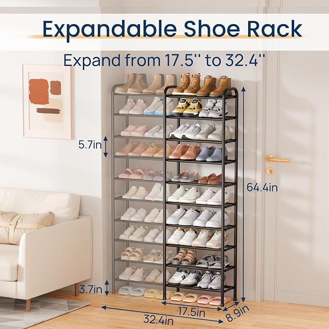 ENJOYBASICS Expandable Shoe Rack, 32.4'' Wide - 10 Tier Adjustable Shoe Organizer Shelf for Closet, 40 Pairs Black Metal Free Standing Shoe Rack Storage for Garage, Entryway