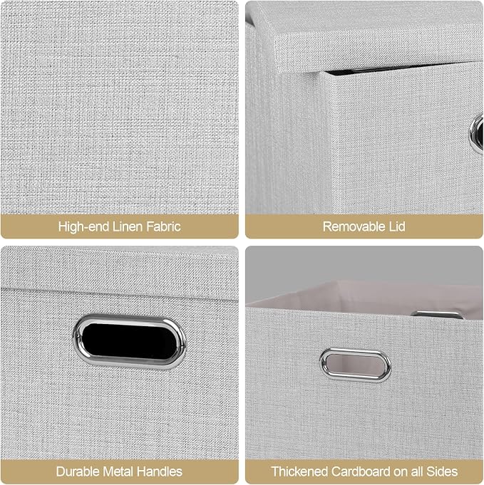 Posprica Storage Bins with Lids,13×13×13 Foldable Storage Cube Baskets Boxes Fabric Drawers for Closet Shelf Cabinet Bookcase,Set o f 4,Sliver grey