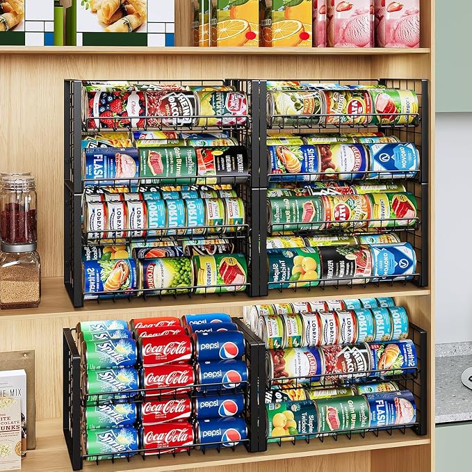 JKsmart 2-Tier Stackable Rack Organizer for Pantry, Adjustable Dispenser Holds Up to 120 Cans, Storage Holder for Various Ounces of Canned Drinks, Black, 4 Pack