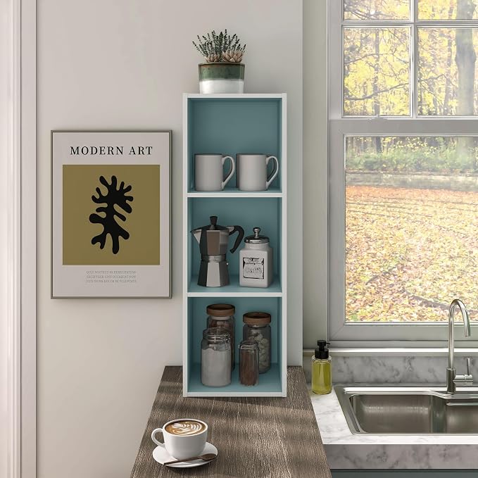 Homes: Inside + Out Apexa 3-Cube Storage Organizer Shelves, Stackable Wood Bookcase Fits Cubby Bins for Organization, Dorm Teen Room Decor & Home Office, Light Blue
