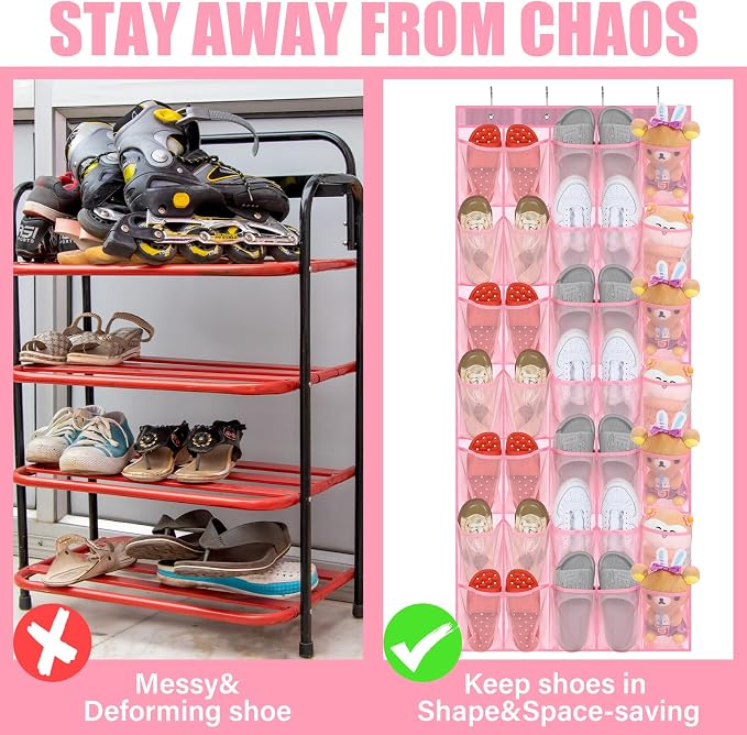 Windyun 2 Pcs 40 Pocket Over The Door Shoe Organizer Large Breathable Mesh Hanging Shoe Rack for Closet Space Saving Shoes Storage Holder Hanger for Dorm Room Bathroom Bedroom Entryway (Pink)