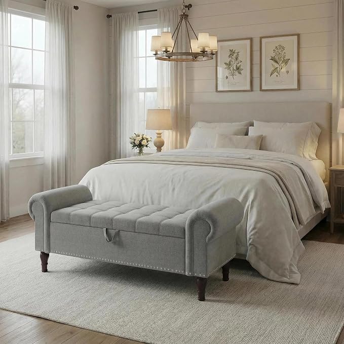 YOUDENOVA Ottoman with Storage, 51" End of Bed Bench with Rolled Arms, Upholstered Storage Bench with Vintage Rivets for Bedroom, Living Room, Entryway, Light Gray