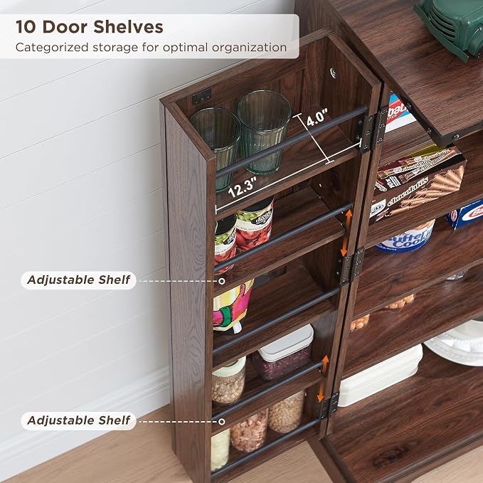 47" Tall Wooden Pantry Storage Cabinet with Door Shelves | Farmhouse, Barn Doors, Adjustable Shelves, Freestanding, Anti-tip Kit, for Kitchen, Dining Room, Living Room