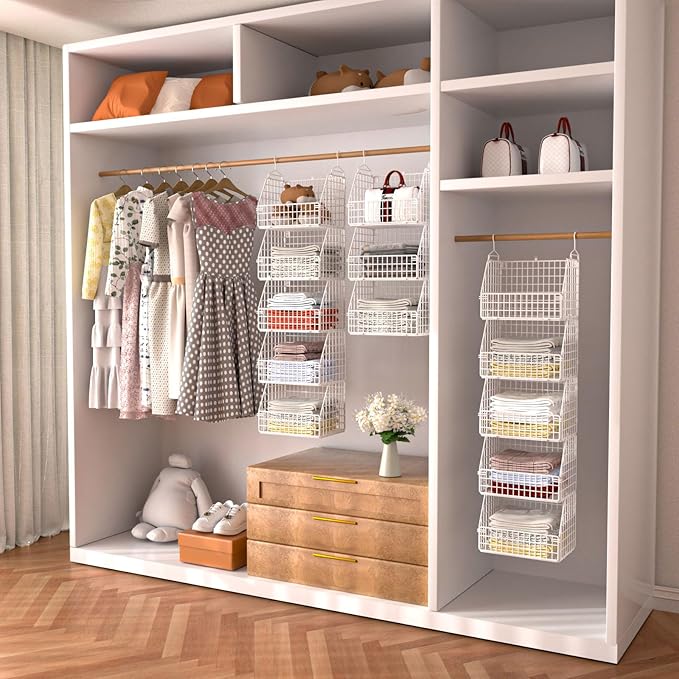 PUPPYCUTE Hanging Closet Organizer and Storage, Clothes Hanging Shelves Wire Baskets for Clothing Sweaters Purse Handbags Shoes White 3 Tier