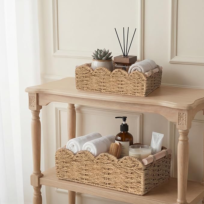 iEGrow Paper Rope Small Storage Baskets for Organizing, Set of 2 Scalloped Edge Wicker Basket with Wooden Handles Toilet Paper Basket for Over Toilet Storage Shelf, Home Decor, Living Room (Neutral)