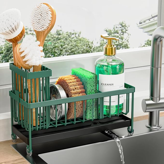 Cisily Sponge Holder for Kitchen Sink, Sink Caddy Organizer with High Brush Holder, Kitchen Countertop Organizers and Storage Essentials, Rustproof 304 Stainless Steel (Dark Green, 9.25″)