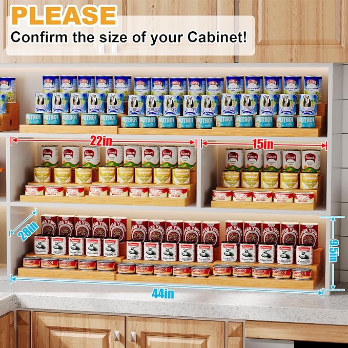 Extra-Long Bamboo Can Rack, 3-Tier Pantry Organizer, Holds 45 Cans | Designed for larger pantries, this extra-long organizer stores up to 45 standard cans while keeping every can visible.