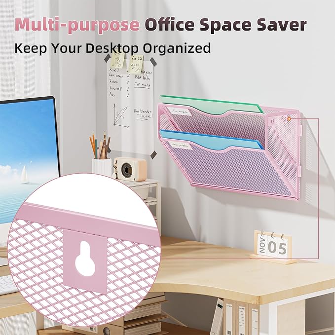 Marbrasse Wall File Holder 2-Tier Hanging Wall File Organizer, Mesh Mail Holder for Papers, Wall Mount File Clipboard & Magazine Organizer Great for Office Home - 2P(Pink)