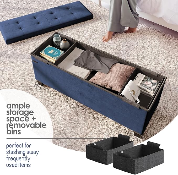 Storage Ottoman Bench with Bins, 43-in Storage Bench for Bedroom End of Bed, Folding Foot Rest Ottoman for Living Room Max 660lbs, Velvet Ottomans, Blue