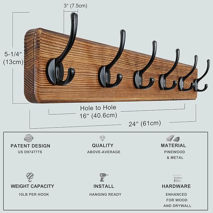Coat Rack Wall: 24" Long, Patented, Heavy-Duty, 6-Double-Hooks Wooden Wall Mounted Coat Rack Coat Hanger Hook Rail for Winter Coats Hat Jacket Clothing, Natural & Black