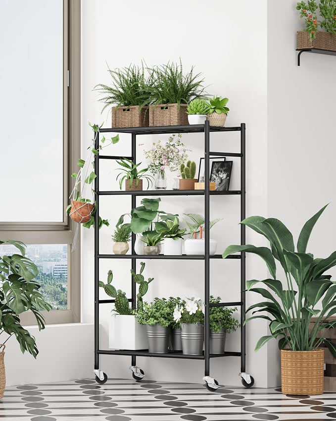 Sakugi 4-Tier Storage Shelves 33.1" x12.6" x58.9" Black with Wheels | Kitchen, Closet, Pantry, Garage, Heavy Duty, Adjustable Feet, Metal Construction