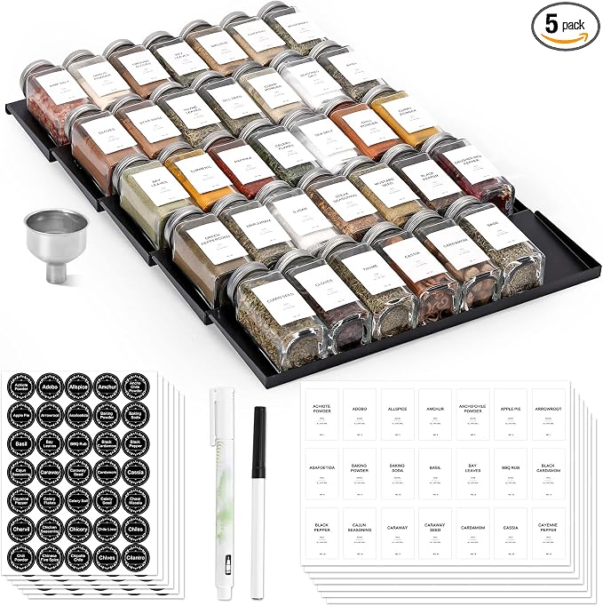 MIUKAA Spice Drawer Organizer with 34 Spice Jars, 378 Spice Labels, 5 Tier - 5 Pack Metal Spice Rack Tray for Drawer/Countertop, 13.7" Wide x 22.6" Deep (Black)