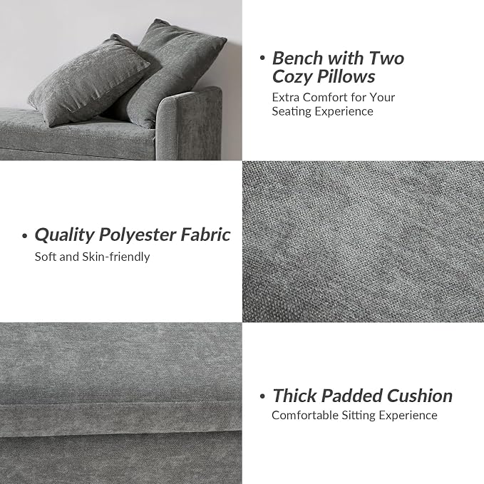 HULALA HOME 59" Storage Bench with 2 Throw Pillows & Armrests, Charcoal | Modern Long Bedroom Bench for End of Bed, Comfy Upholstered Fabric Footstool for Entryway Living Room
