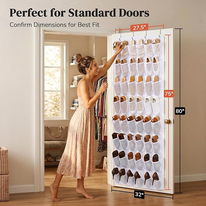 48 Pockets Over The Door Shoe Organizer, Large Mesh Hanging Shoe Rack, 6-Column Heavy Duty Shoe Storage for Sneakers and Heels, Behind Door Holder for Entryway Bedroom Dorm College, White