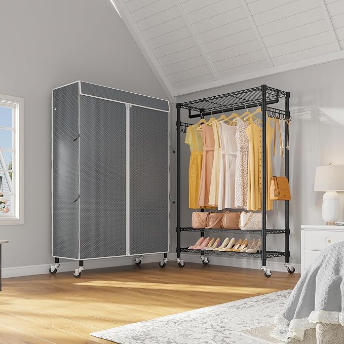 VIPEK R3C Rolling Clothes Rack with Cover Portable Closet Heavy Duty | Lockable Wheels, Adjustable Wire Shelving Heavy Duty, Metal Side Hooks, Polyester Cover, 374lbs Space-Saving for Home