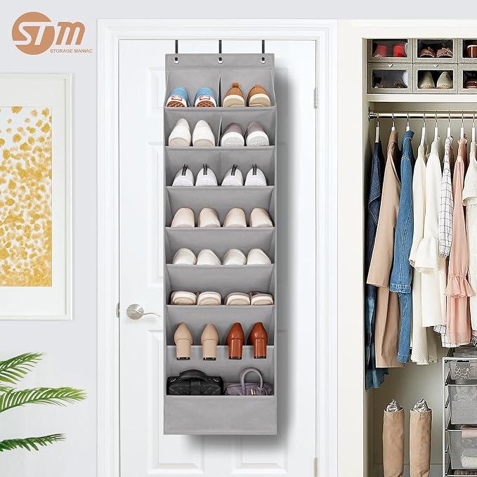 STORAGE MANIAC Over the Door Shoe Organizer Heavy-Duty Large Deep Pocket Hanging Shoe Organizer Shoe Rack Door Closet Shoe Organizer for Wall, Dorm & Narrow Door Storage Shoe Holder Grey, 1 Pack