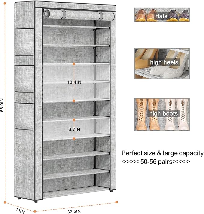 OYREL Shoe Rack 10 Tier Large Capacity Storage Cabinet | 50-56Pairs Beautiful Tall Shoe Shelf Free Standing Storage Cabinet Entryway Closet