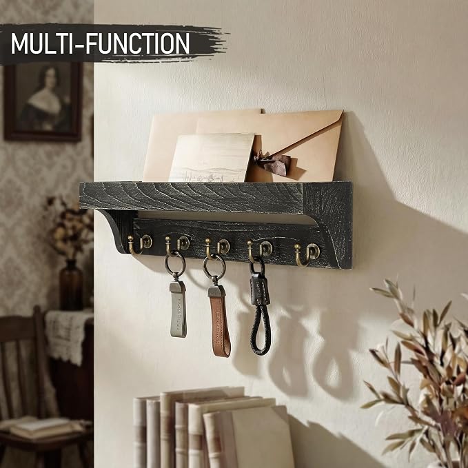 Rebee Vision Key Holder Wall Mount with 5 Hooks for Home Decor, Old Black | Pine Wood, Key Holder for Wall, Plant Display, Small Decor Storage, Stylish Apartment Organizer, Practical Daily Accent