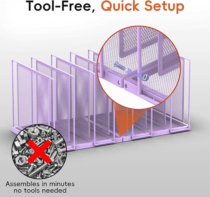 File Organizer For Desk, 7 Section Metal Desktop File Sorter,Purple | Desk file organizer, connectable 7 section design, 2.17 in spacing, vertical folder storage for home office and classroom