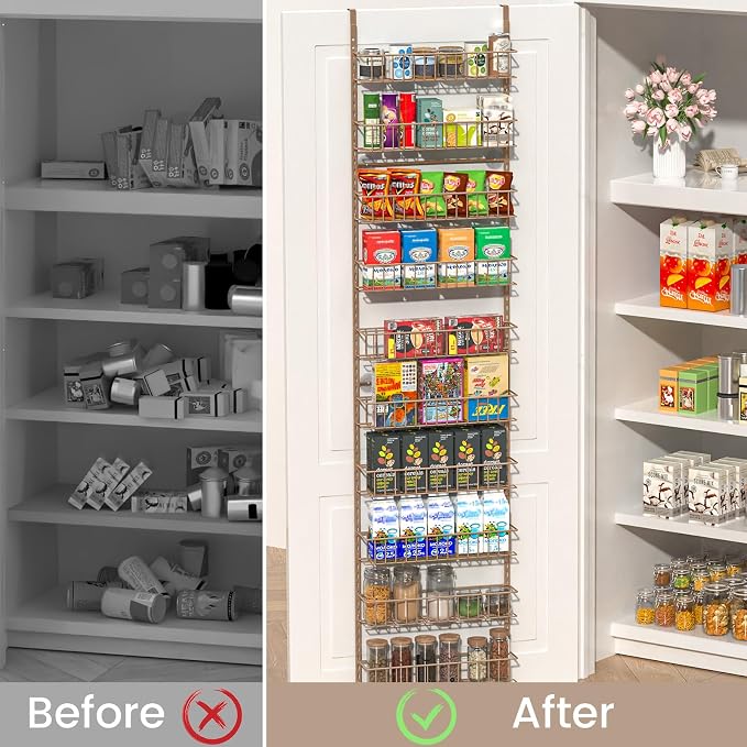 ElegantArray 10-Tier Pantry Door Organizer, Brown | Over The Door Pantry Organizer Rack and Storage, Hanging Spice Rack Shelves Door, Home Office Laundry Room Bathroom & Kitchen
