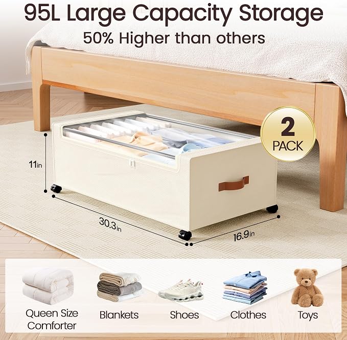 Yecaye 95 L Under Bed Storage with Wheels, 11 in Under Bed Storage Containers, Large Under Bed Shoe Storage with Lids, Rolling Underbed Storage bins for Clothes, Blankets, Beige