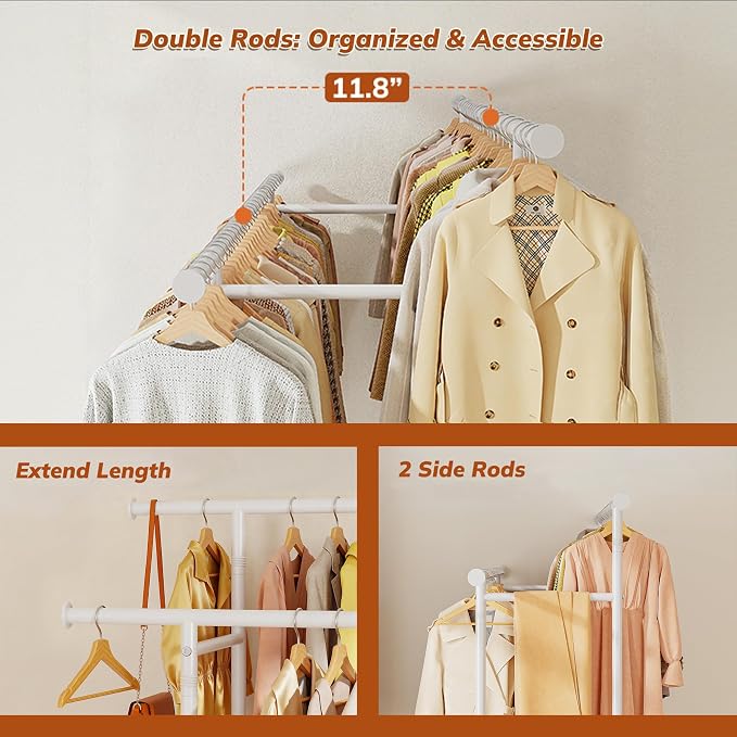 Clothes Rack 210 LBS Double Rods Extra Storage Basket | Rustproof Coated Steel, Anti-bending Design, 360° Sturdy Wheels, 10-Min Tool-Free Assembly, Metal Garment Rack for Home