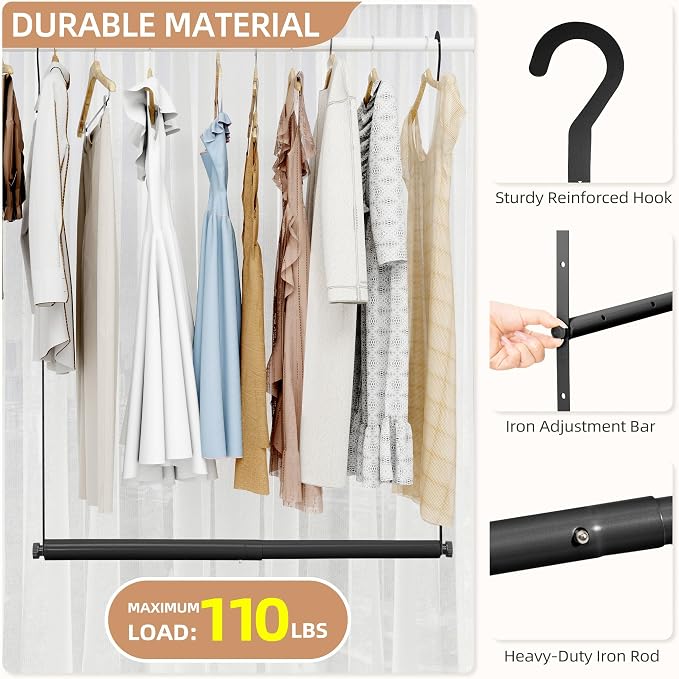 STORAGE MANIAC Adjustable Closet Rod for Hanging Clothes, 1 Pack Black | Expandable 17.9"-29.7" Heavy-Duty Metal Closet Hanging Rod with 9 Height Adjustments, Space-Saving Double Closet Organizer