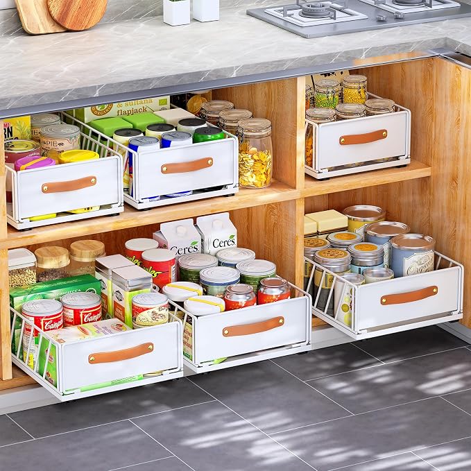 Pull out Cabinet Organizer,Heavy Duty Slide out Pantry Shelves Drawer Storage with Adhesive Nano Film,Sliding Mesh Cabinet Basket with Handle for Kitchen, Bathroom, Home, 11.8W" X 15.7"D X 6.2"H,White