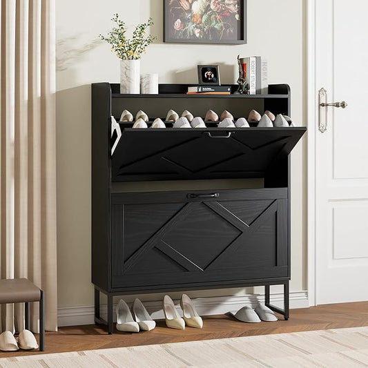 Nicetree Shoe Storage Cabinet with 2 Flip Drawers, Entryway Cabinet, Black | Slim Shoe Cabinet with Metal Legs, Narrow Farmhouse Shoe Organizer for Entryway, Foyer, Hallway, Wood Shoe Rack with Hook
