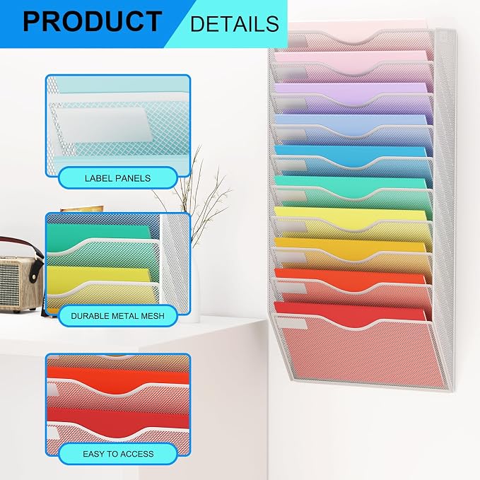 10 Pockets Mesh Hanging Wall File Holder Organizer Wall Mounted Paper Magazine Rack, Silver