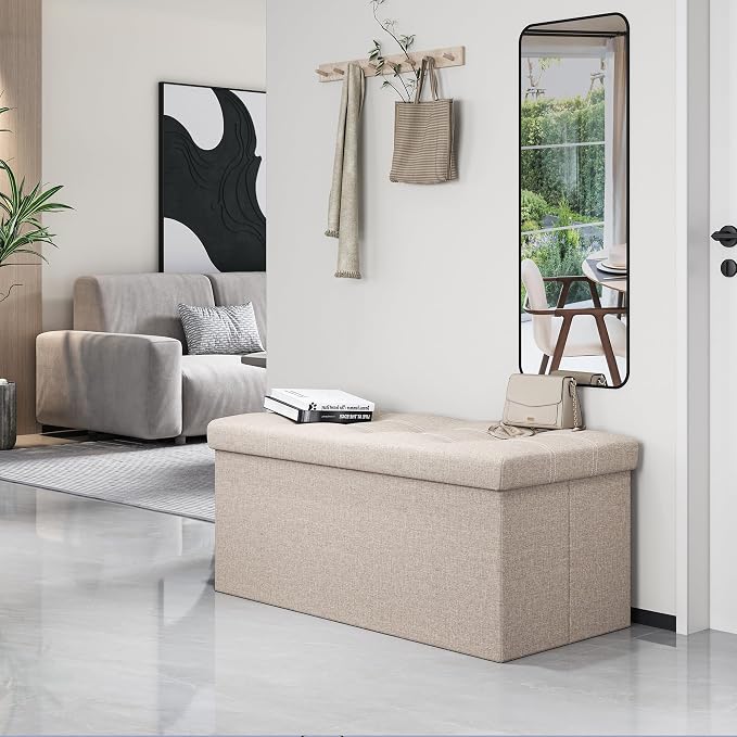 Youdesure 30 Inch Folding Storage Ottoman, Faux Leather Storage Ottoman Bench with Padded Seat, Storage Foot Rest Supports Up to 350 lbs for Living Room, Bedroom, Hallway, Beige