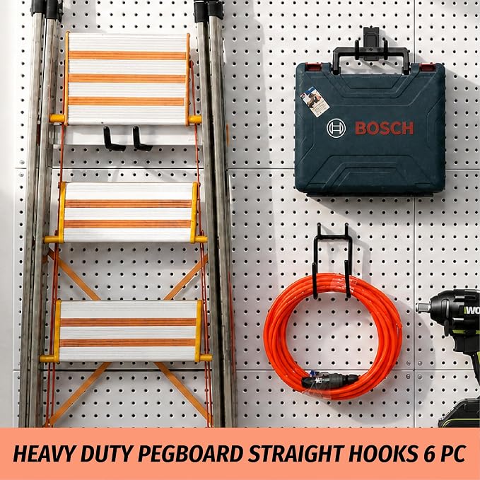 HUHOLE 6 Pack Large Double Arm Pegboard Hooks for 1/4 Inch Pegboard | Tool Holders with 66 lb Capacity for Leaf Blower, Weed Eater, Pipes, Hoses, Ladders, Garage and Workshop