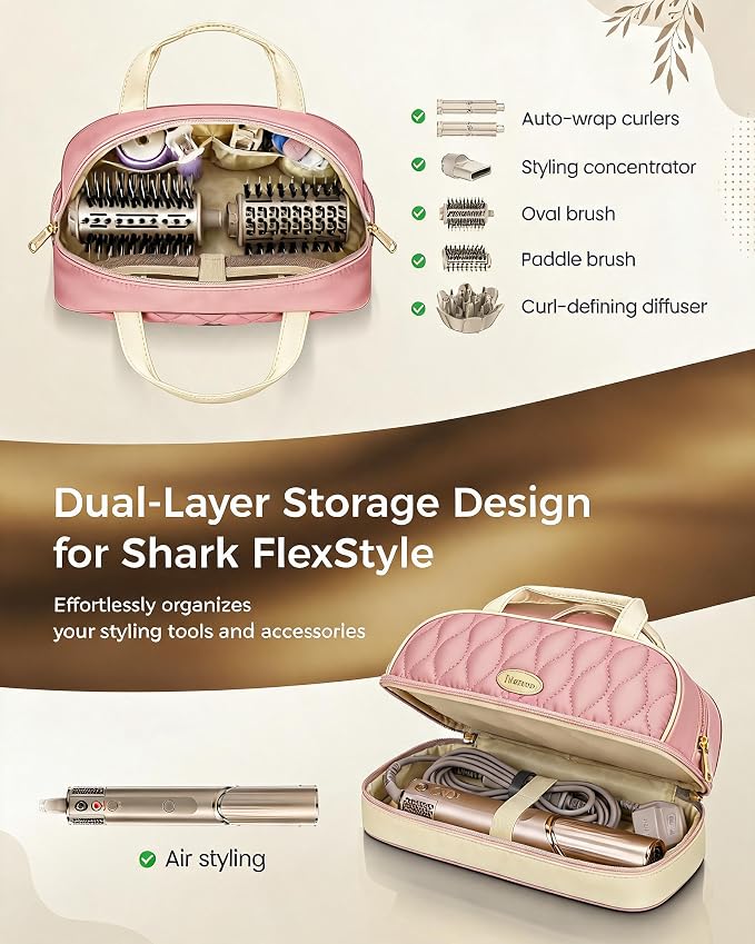 Mancro Carrying Case for Shark FlexStyle, Quilted Hair Tools Travel Bag | with Heat-Resistant Mat, Travel Case for Dyson Airwrap & Shark FlexFusion, Hair Dryer Organizer for Women, Pink