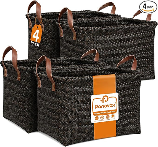 Wicker Storage Baskets, 4 Pack Woven Baskets for Shelves, Dark Gold | PP Rattan, Water-resistant Wicker Basket, Large Baskets with Faux Leather Handles for Blanket, Laundry Organizer, Room Decor