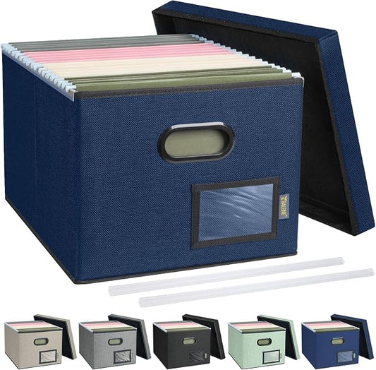 BALEINE File Organizer Box with Lid, Collapsible File Folder Organizer with Plastic Slide, Filing Box for Office Home Document Organizer Storage (Blue, 1PK)
