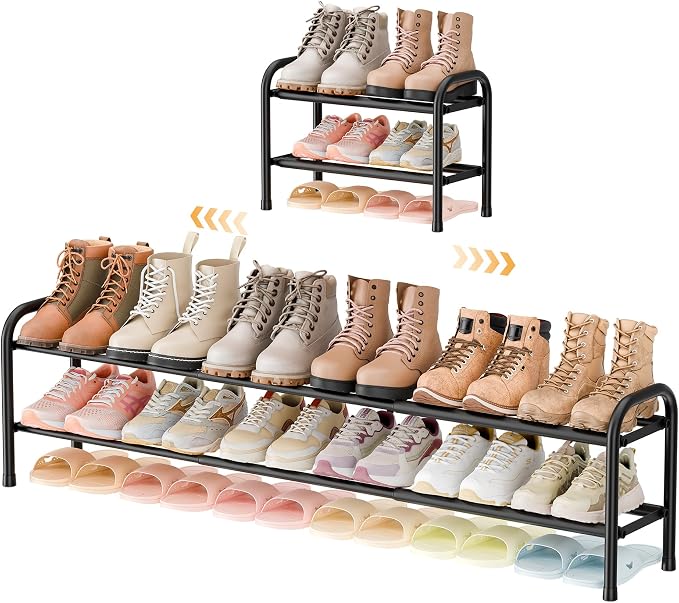 ENJOYBASICS 2 Tier Expandable Shoe Rack for Closet, Small Metal Shoe Organizer, 12 Pairs, Black