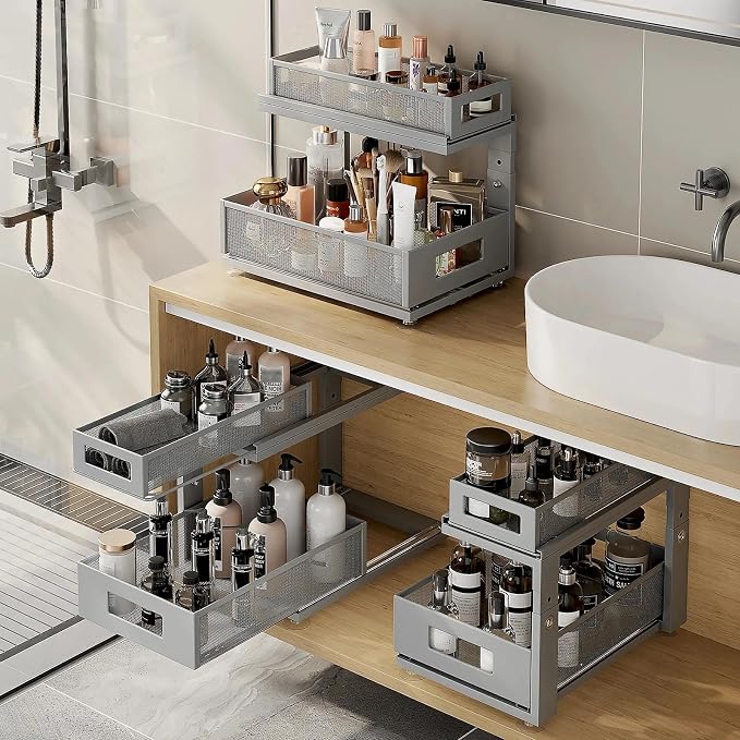 2 Pack 15.74IN-Depth Under Sink Organizer With Next-Gen Ball-Bearing Slides,2-Tier Pull Out Cabinet Storage,Height Adjustable Drawer Shelf for Bathroom,Kitchen,Laundry,Cabinet,Pantry-Gun Gray