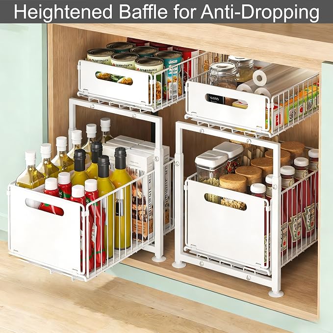 Under Sink Organizer, 2-Tier Multi-Use Kitchen and Bathroom Organizers and Storage, Slide Out Thickened Metal Under The Sink Organizer for Kitchen Bathroom Pantry (Style A Black, 2 Pack)