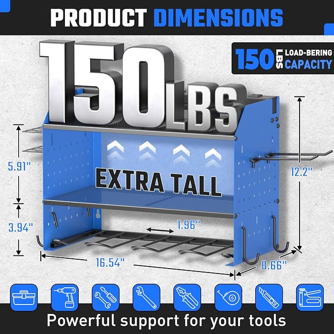 Power Tool Organizer Wall Mount 3 Layer Charging Station with 6 Outlets | Heavy Duty Tool Holder Storage Shelf Rack for Garage, Workbench and Workshop, Black, 4 Drill Holders and Drill Bit Rack, Blue