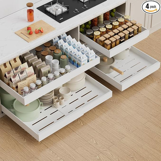 PAKETA 4 Pack Expandable Pull Out Cabinet Organizer,21" Deep | Pull Out Drawers for Cabinets with width from 15" to 26",Sliding Drawers for Cabinets with Upgrade 3 Slide Rails,hold 65 lbs