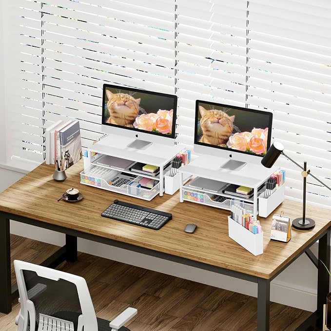 OPNICE Desk Organizers and Accessories, Computer Monitor Stand Riser with Drawer and 2 Pen Holders, Printer & Laptop Stand, Office Desk Accessories & Workspace Organizers for Home Office Supplies, White Wood