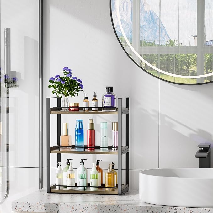 Bathroom Counter Organizer, 3 Tier Wood Countertop Shelf | for Vanity, Skincare, Makeup, Coffee Storage, Wood Shelves, Durable Metal Bracket, for Bathroom Sink, Kitchen (Deep Brown)